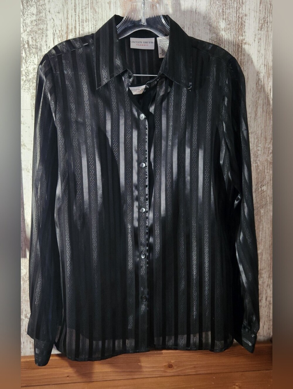 Vintage Jaclyn Smith Black Sheer Vertical Stripe Button Blouse Matching w/Tank